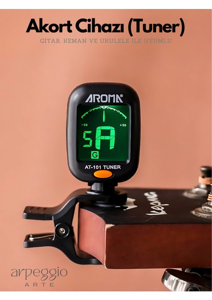 Aroma AT-101 Dijital Tuner | Gitar, Ukulele, Keman ve Bağlama Uyumlu Klipsli Akort Cihazı - Arpeggio Arte