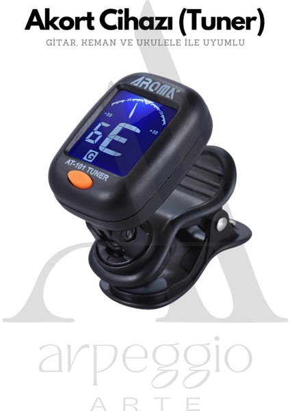 Aroma AT-101 Dijital Tuner | Gitar, Ukulele, Keman ve Bağlama Uyumlu Klipsli Akort Cihazı - Arpeggio Arte