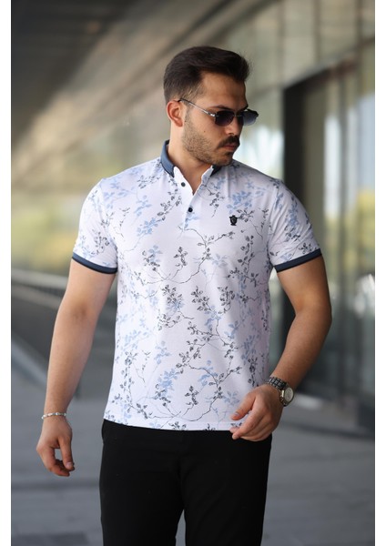 Erkek Beyaz Mavi Yaprak Desenli Slim Fit Polo Yaka Tişört - 2529