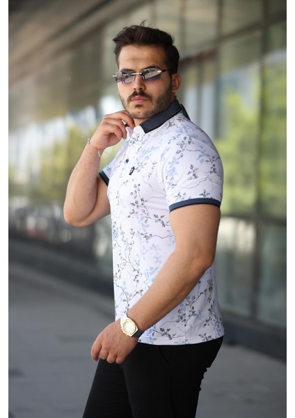 Erkek Beyaz Mavi Yaprak Desenli Slim Fit Polo Yaka Tişört - 2529 fiyatları