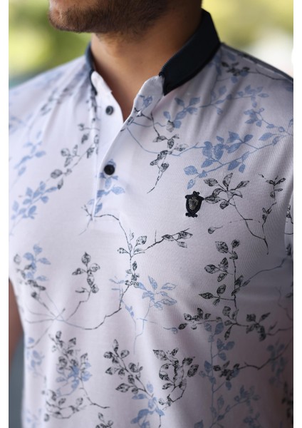 Erkek Beyaz Mavi Yaprak Desenli Slim Fit Polo Yaka Tişört - 2529 modelleri