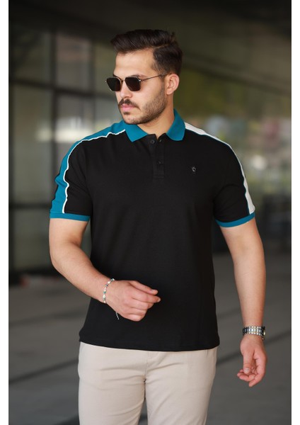 Erkek Polo Yaka Siyah Şerit Detaylı Regular Fit Tişört - 2530