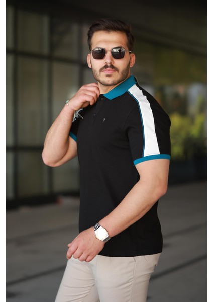 Erkek Polo Yaka Siyah Şerit Detaylı Regular Fit Tişört - 2530 fiyatları