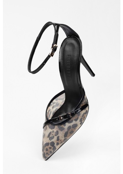 Kadın Vela Siyah Leopar Desenli File Detaylı Stiletto