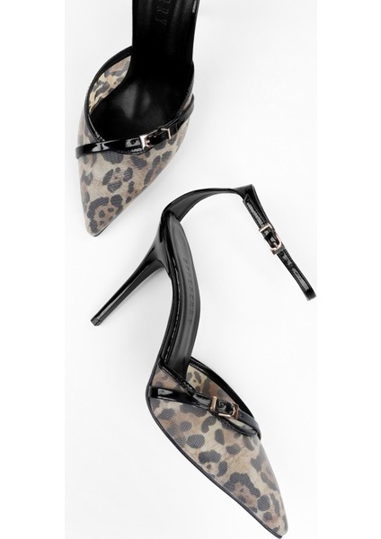 Kadın Vela Siyah Leopar Desenli File Detaylı Stiletto