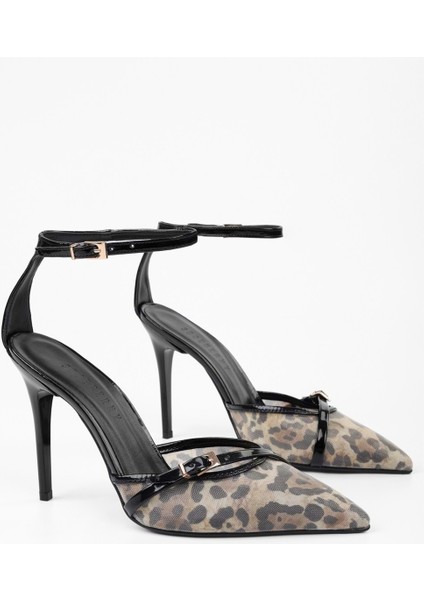 Kadın Vela Siyah Leopar Desenli File Detaylı Stiletto