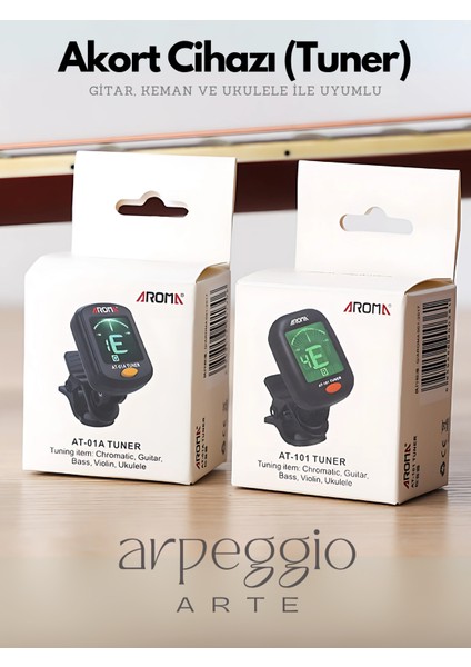 Aroma AT-101 Dijital Tuner | Gitar, Ukulele, Keman ve Bağlama Uyumlu Klipsli Akort Cihazı - Arpeggio Arte