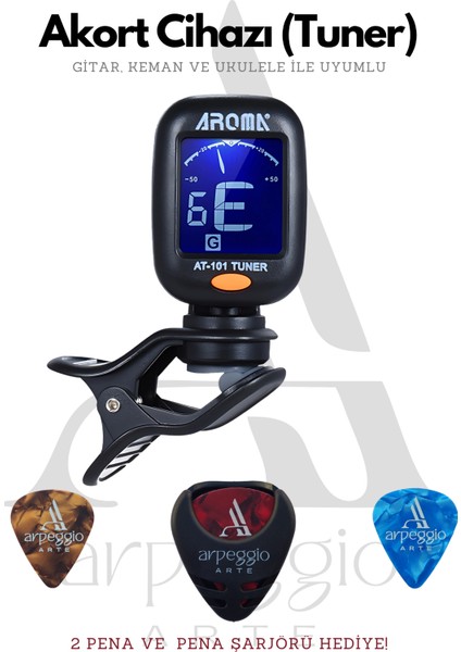 Aroma AT-101 Dijital Tuner | Gitar, Ukulele, Keman ve Bağlama Uyumlu Klipsli Akort Cihazı - Arpeggio Arte