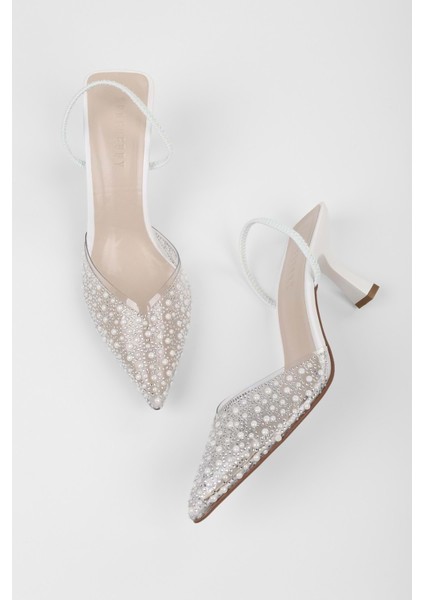 Kadın Pearly Beyaz Inci Detaylı Topuklu Şeffaf Stiletto