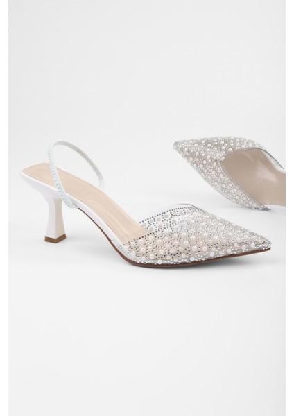 Kadın Pearly Beyaz Inci Detaylı Topuklu Şeffaf Stiletto modelleri