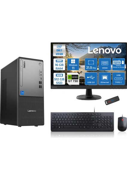 Thinkcentre Neo 50T Gen5 Intel Core I7 14700 16GB Ddr5 512GB SSD 21.5 Inç Monitör Windows 11 Home Nvidia GT730 4gb Masaüstü Bilgisayar 7302112UAS0GL00H02 + Zetta Flash Bellek