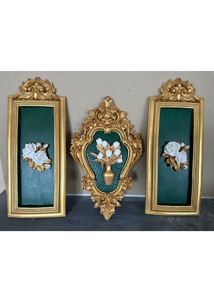 Dekoratif Duvar Tablosu 3 Lü Set Zümrüt Yeşili El Yapımı Tablo