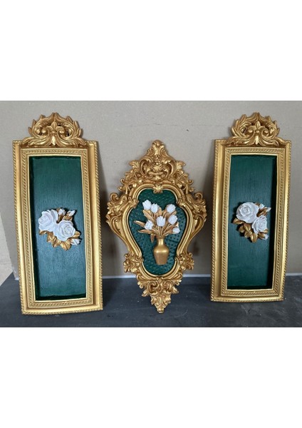 Dekoratif Duvar Tablosu 3 Lü Set Zümrüt Yeşili El Yapımı Tablo