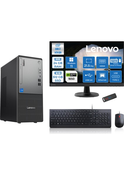 Thinkcentre Neo 50T Gen5 Intel Core I7 14700 24GB Ddr5 512GB SSD 21.5 Inç Monitör Windows 11 Home Nvidia GTX1650 4gb Masaüstü Bilgisayar 16502112UAS0GL00H07 + Zetta Flash Bellek