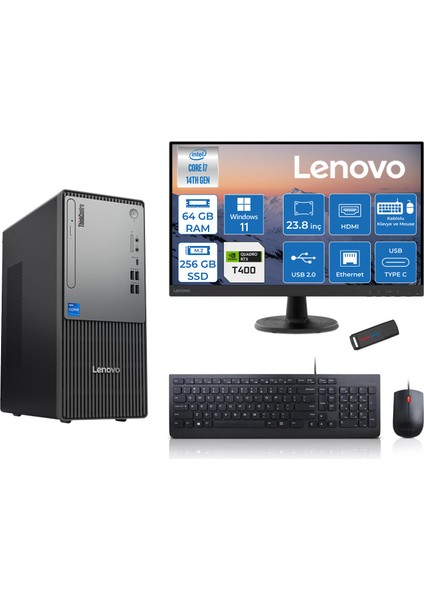 Thinkcentre Neo 50T Gen5 Intel Core I7 14700 64GB Ddr5 256GB SSD 23.8 Inç Monitör Windows 11 Home Quadro T400 4gb Masaüstü Bilgisayar 4002412UAS0GL00H21 + Zetta Flash Bellek