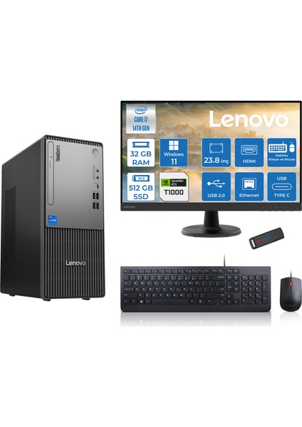 Thinkcentre Neo 50T Gen5 Intel Core I7 14700 32GB Ddr5 512GB SSD 23.8 Inç Monitör Windows 11 Home Quadro T1000 4gb Masaüstü Bilgisayar 10002412UAS0GL00H12 + Zetta Flash Bellek