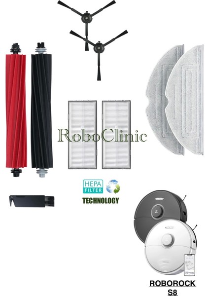 Roborock S8 Sonic Robot Süpürge Uyumlu Yedek Fırça, Hepa Filtre, Mop Seti-9 Parça