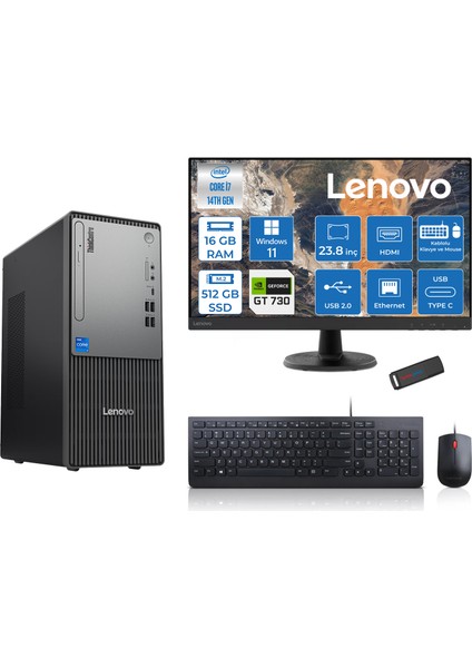 Thinkcentre Neo 50T Gen5 Intel Core I7 14700 16GB Ddr5 512GB SSD 23.8 Inç Monitör Windows 11 Home Nvidia GT730 4gb Masaüstü Bilgisayar 7302412UAS0GL00H02 + Zetta Flash Bellek
