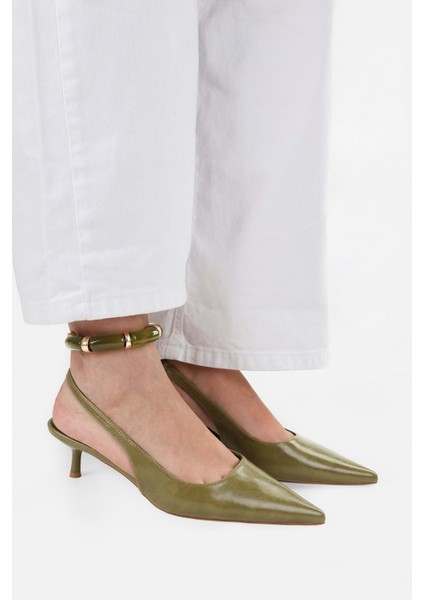 Kadın Stiletto Yağ Yeşili Suni Deri İnce Topuklu Tasarım Jurdan Taban