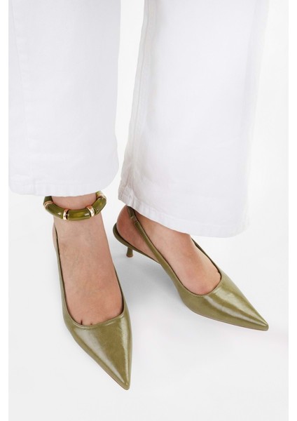 Kadın Stiletto Yağ Yeşili Suni Deri İnce Topuklu Tasarım Jurdan Taban fiyatları