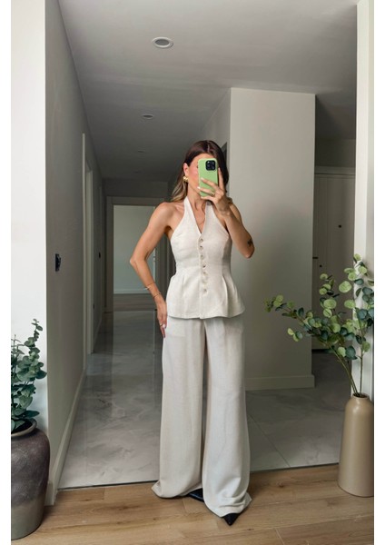 Taş Rengi Düğmeli Pantolon Bluz Keten Takım modelleri