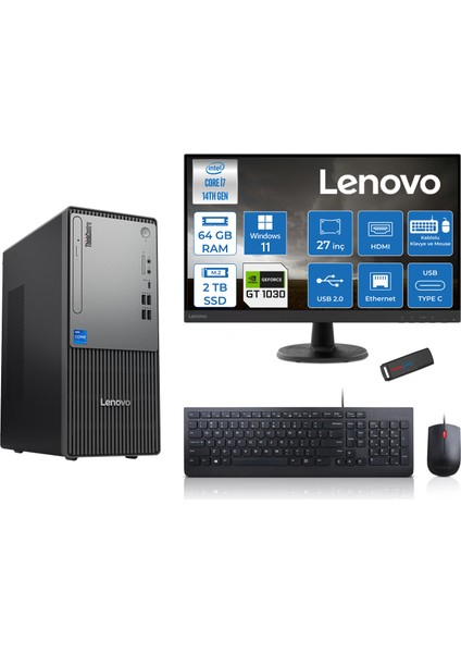Thinkcentre Neo 50T Gen5 Intel Core I7 14700 64GB Ddr5 2tb SSD 27 Inç Monitör Windows 11 Home Nvidia GT1030 4gb Masaüstü Bilgisayar 10302712UAS0GL00H24 + Zetta Flash Bellek