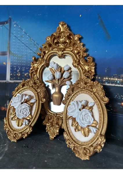 Tasarım 3lü Duvar Dekoratif Tablo, Tasarım Tablo, Ortadaki Model Aynalı