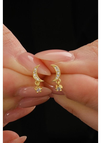 Taşlı Ay Altın Kaplama Mini Gümüş Küpe 7349