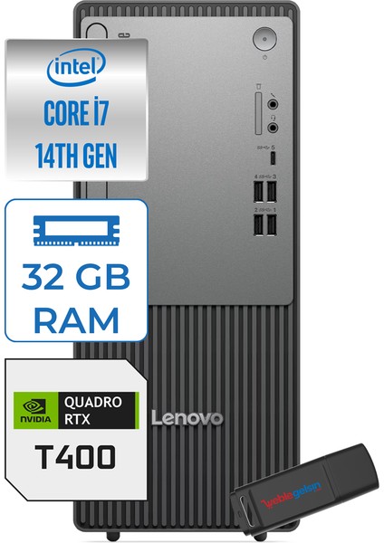 Thinkcentre Neo 50T Gen5 Intel Core I7 14700 32GB Ddr5 4tb SSD Windows 11 Home Quadro T400 4gb Masaüstü Bilgisayar 40012UAS0GL00H15 + Zetta Flash Bellek