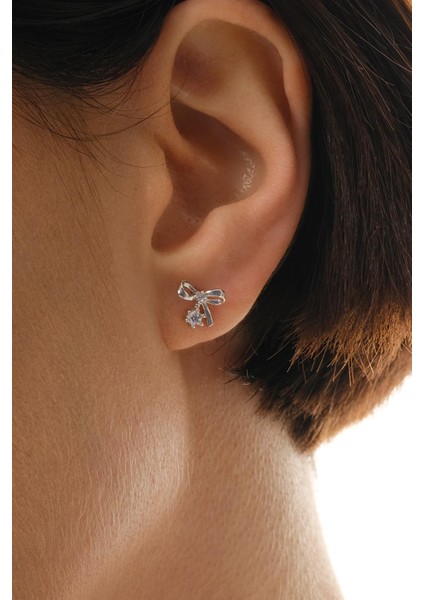 Taşlı Fiyonk Rodyumlu Mini Gümüş Küpe 7370