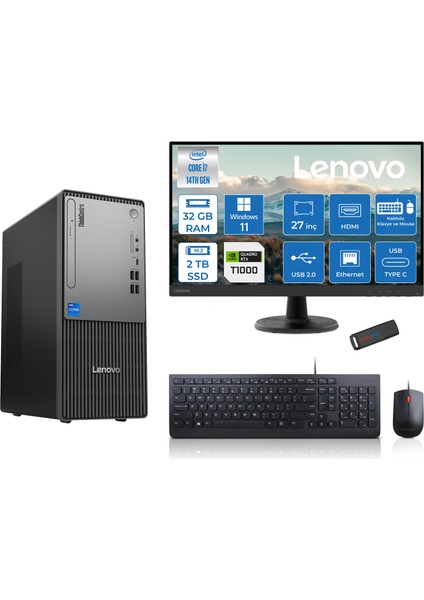 Thinkcentre Neo 50T Gen5 Intel Core I7 14700 32GB Ddr5 2tb SSD 27 Inç Monitör Windows 11 Home Quadro T1000 4gb Masaüstü Bilgisayar 10002712UAS0GL00H14 + Zetta Flash Bellek