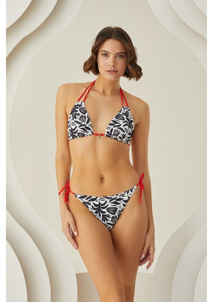 Siyah Beyaz Leaf Pattern Üçgen Bikini Takım fiyatları