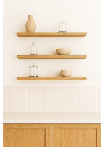 40 cm 3lü Safir Meşe Mdf Uçan Duvar Rafı Gizli Bağlantı Kitaplık Ahşap