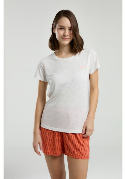 Kadın Beyaz Bisiklet Yaka Kısa Kol Şortlu Pijama Takım