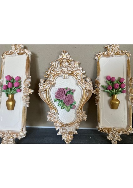 Çiçek Detaylı Tablo 3 Lü Set , Duvar Tablosu Dekoratif El Yapımı Set