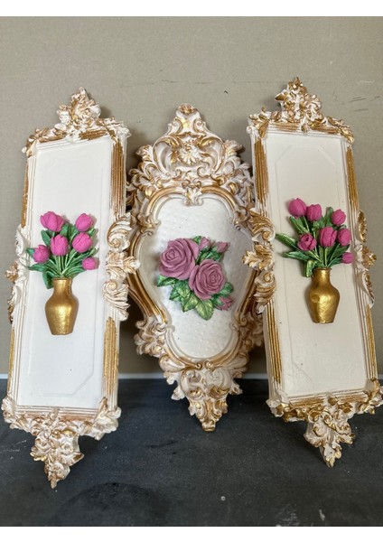 Çiçek Detaylı Tablo 3 Lü Set , Duvar Tablosu Dekoratif El Yapımı Set fiyatları