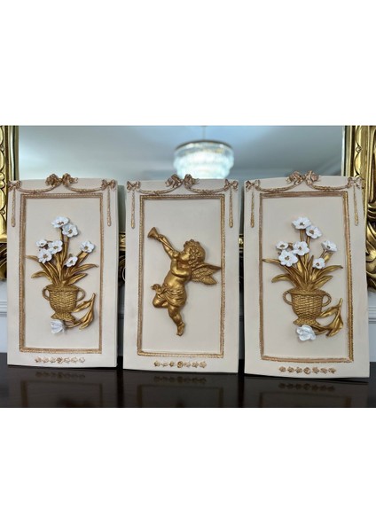 Özel El Yapımı 3 Lü Çiçekli ve Melekli Duvar Tablosu 50X33CM