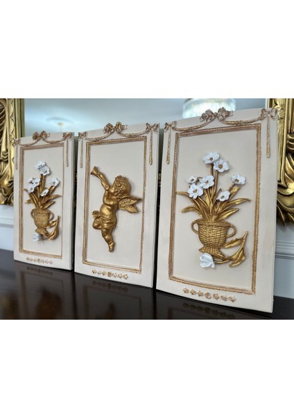 Özel El Yapımı 3 Lü Çiçekli ve Melekli Duvar Tablosu 50X33CM fiyatları