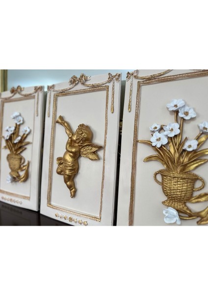 Özel El Yapımı 3 Lü Çiçekli ve Melekli Duvar Tablosu 50X33CM modelleri