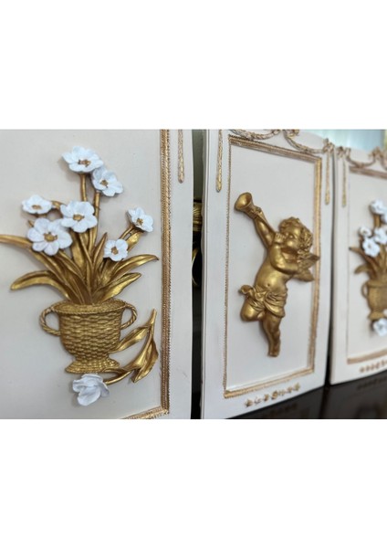 Özel El Yapımı 3 Lü Çiçekli ve Melekli Duvar Tablosu 50X33CM fırsatları