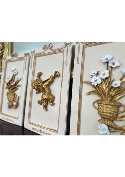 Özel El Yapımı 3 Lü Çiçekli ve Melekli Duvar Tablosu 50X33CM indirimleri