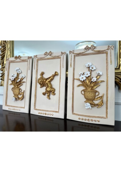 Özel El Yapımı 3 Lü Çiçekli ve Melekli Duvar Tablosu 50X33CM