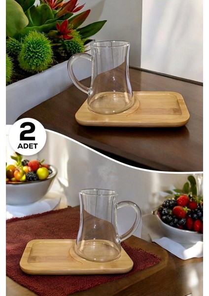 2'li Bambu Kapaklı Morning Çay Bardağı Seti Kulplu Isıya Dayanıklı Keyfi-Ala Cam Bardak 180 Ml.
