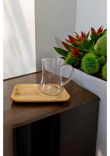 2'li Bambu Kapaklı Morning Çay Bardağı Seti Kulplu Isıya Dayanıklı Keyfi-Ala Cam Bardak 180 Ml.