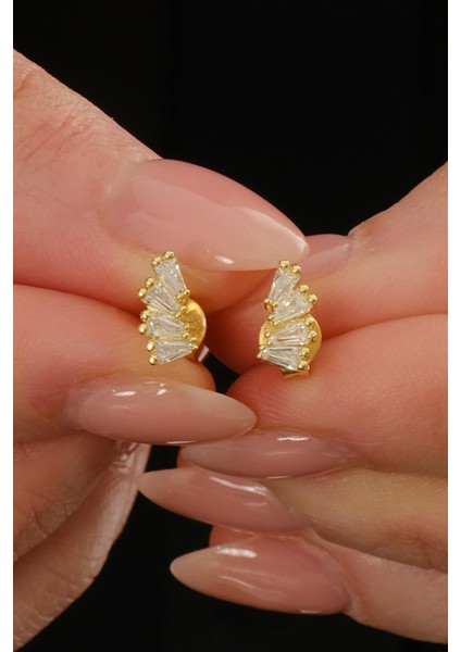 Baget Taşlı Altın Kaplama Mini Gümüş Küpe 7377