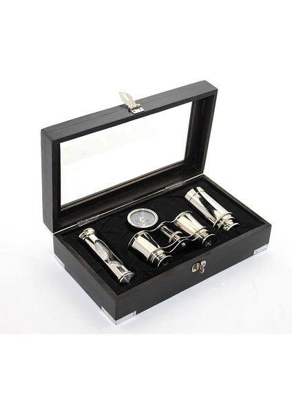 Ahşap Kutulu Pirinç Dürbün Pusula Ve Kum Saati Seti