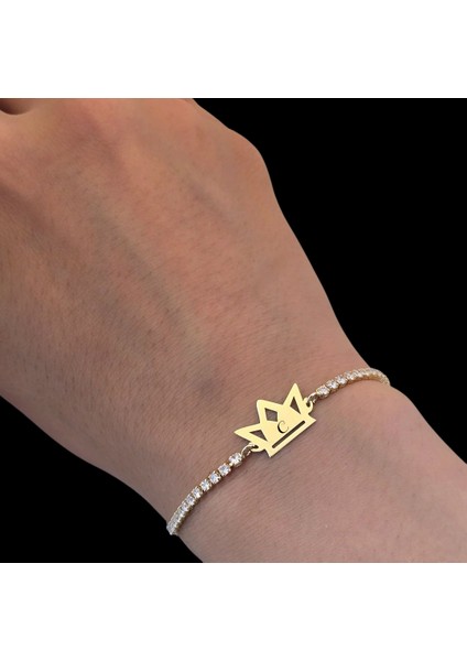 C Harfine Özel 14 Ayar Altın Plakalı Beyaz Taş Detaylı Taç Motifli Hediye Bileklik-471Harf fırsatları