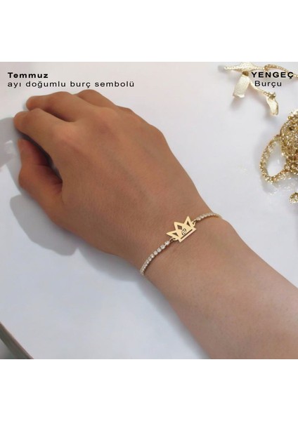 Temmuz Ayı Doğumları İçin Taç Motifli 14 Ayar Altın Plakalı Beyaz Taş Detaylı Hediye Bileklik-471AY indirimleri