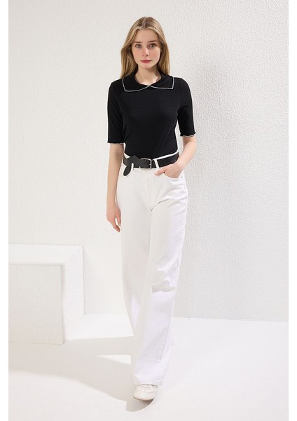 Siyah Yaka Detaylı Regular Kalıp Örme Bluz fiyatları