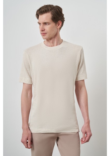 Erkek Bej Trend Bisiklet Yaka T-Shirt
